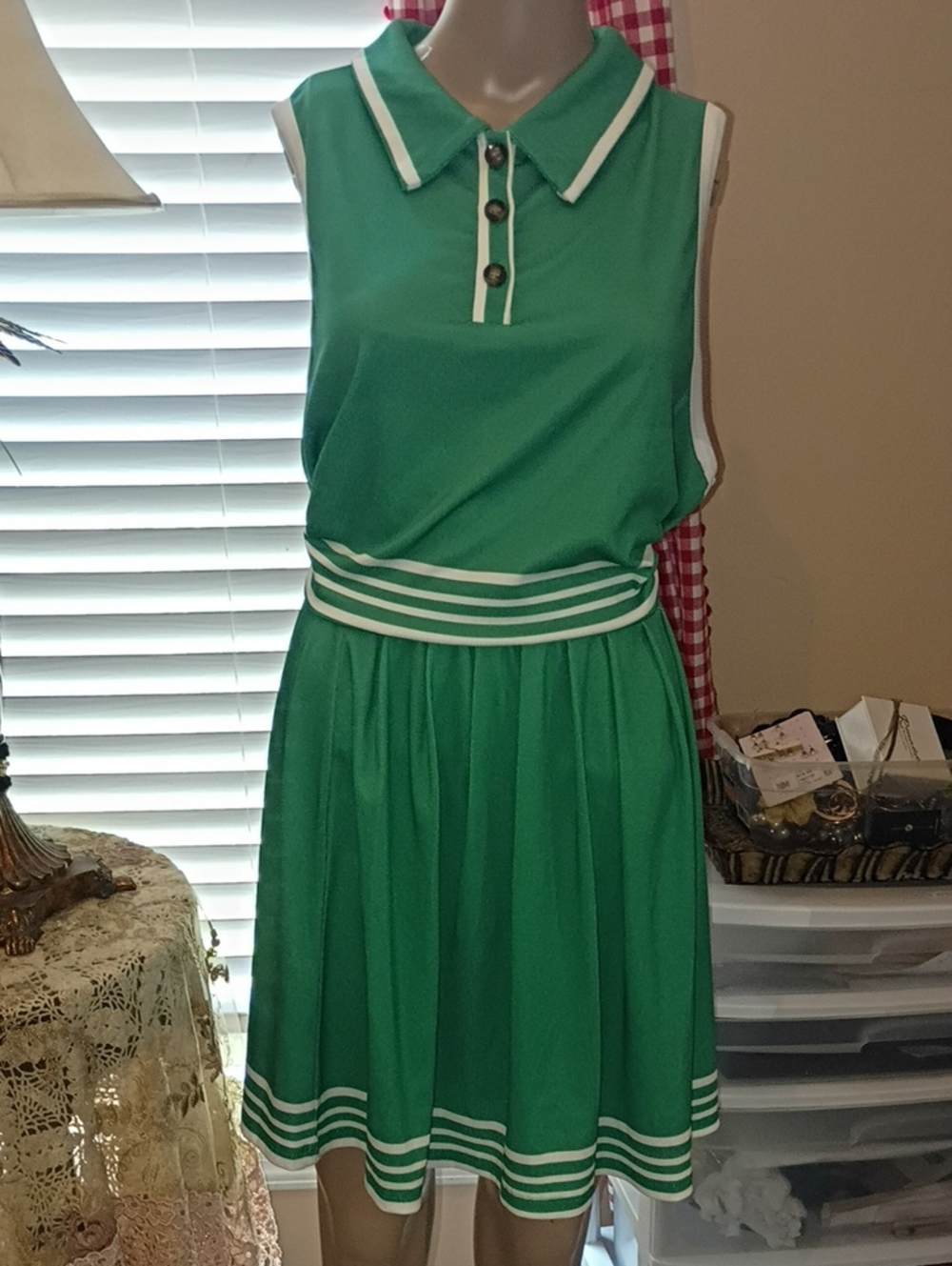 SHEIN Green Sleeveless Polo Dress with White Trim